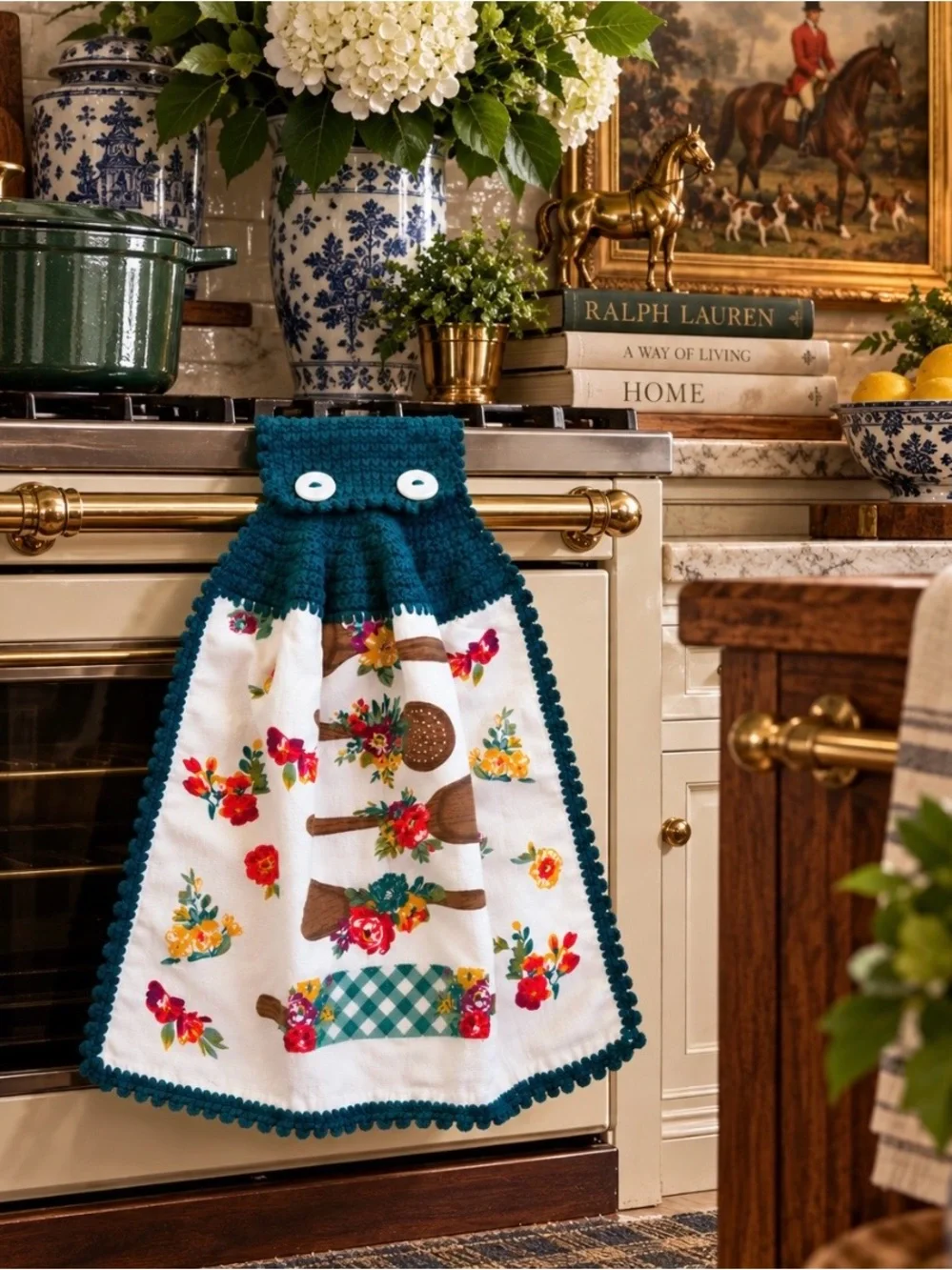 Pioneer Woman Handmade Crochet Hanging Kitchen Towel Teal Floral Utensils